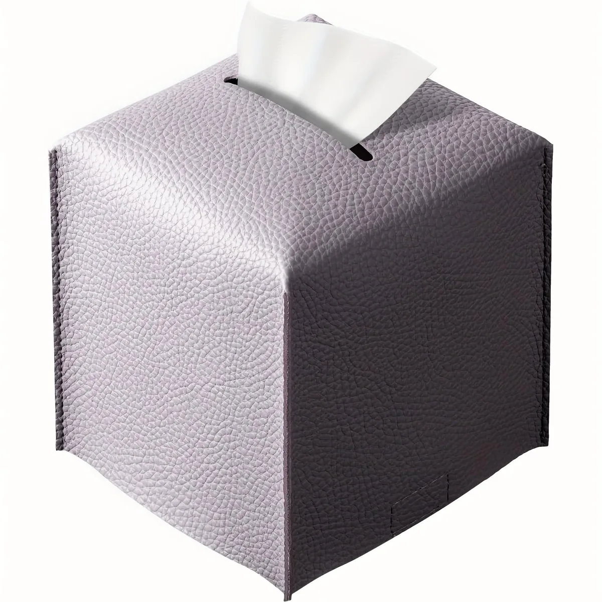 Square PU leather tissue box cover, 5-inch cube, smooth finish, bottom belt visible