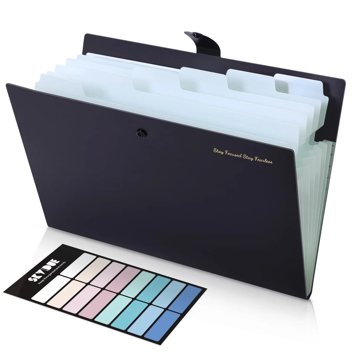 Black polypropylene accordion folder with seven expandable pockets, 12.8 by 9.5 by 0.6 inches