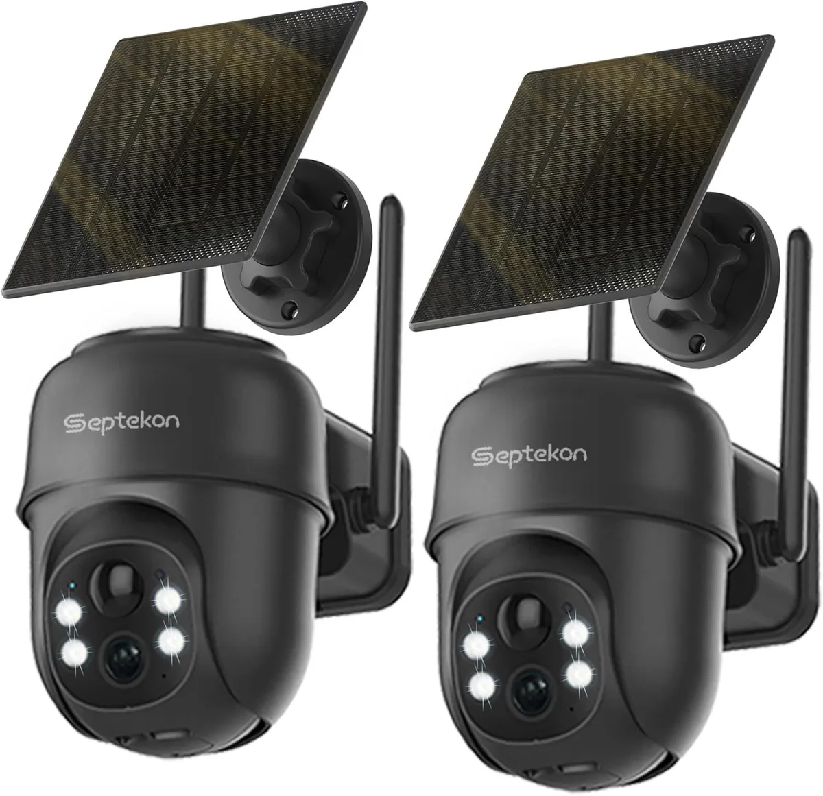 Two black outdoor PTZ cameras with solar panels, 360-degree view, IP66 rated