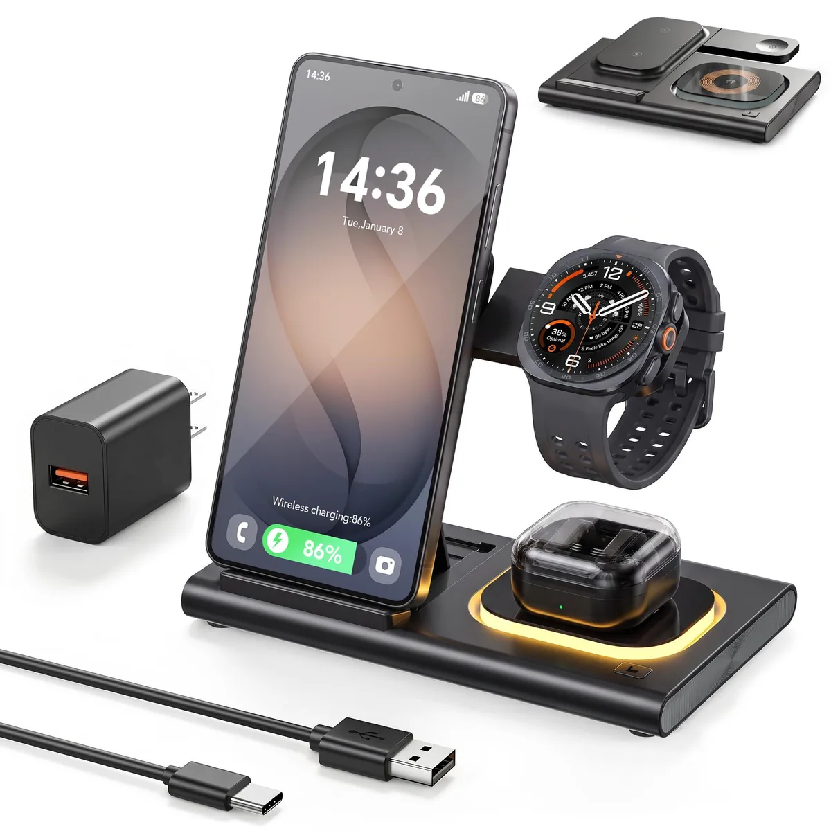 Foldable three-in-one wireless charger with rotating watch dock and LED night light