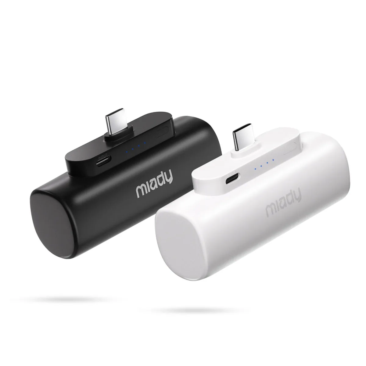 Two small rectangular power banks, one black and one white, each with a built-in USB-C plug
