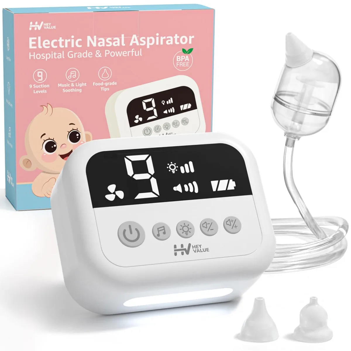White electric nasal aspirator with silicone tips, night light and USB-C charging