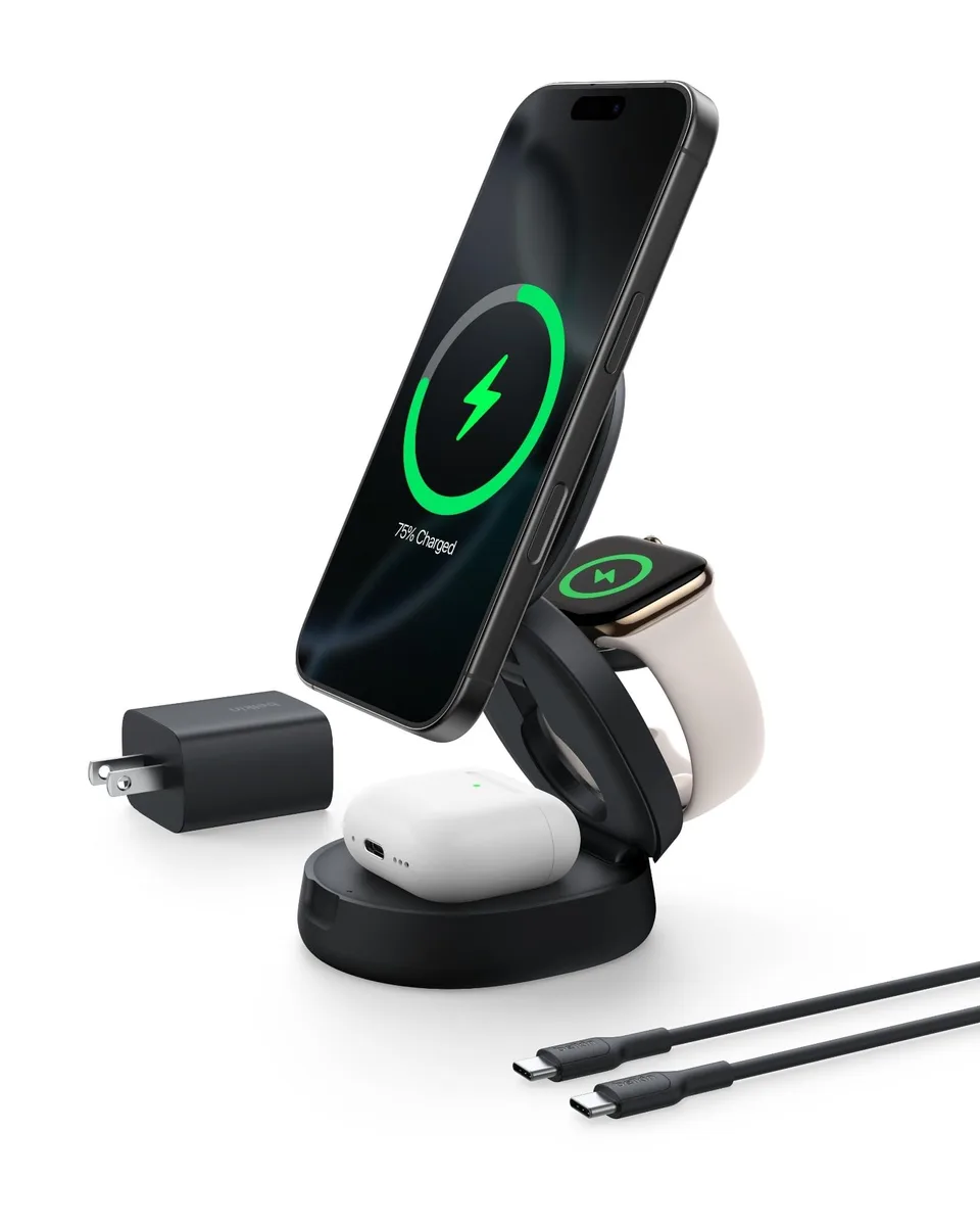 Belkin BBB007-BK 3-in-1 Qi2 15W Wireless Charging Station Black — product photo