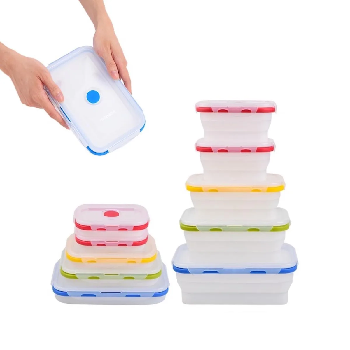 Five collapsible rectangular silicone containers in assorted colours with lids