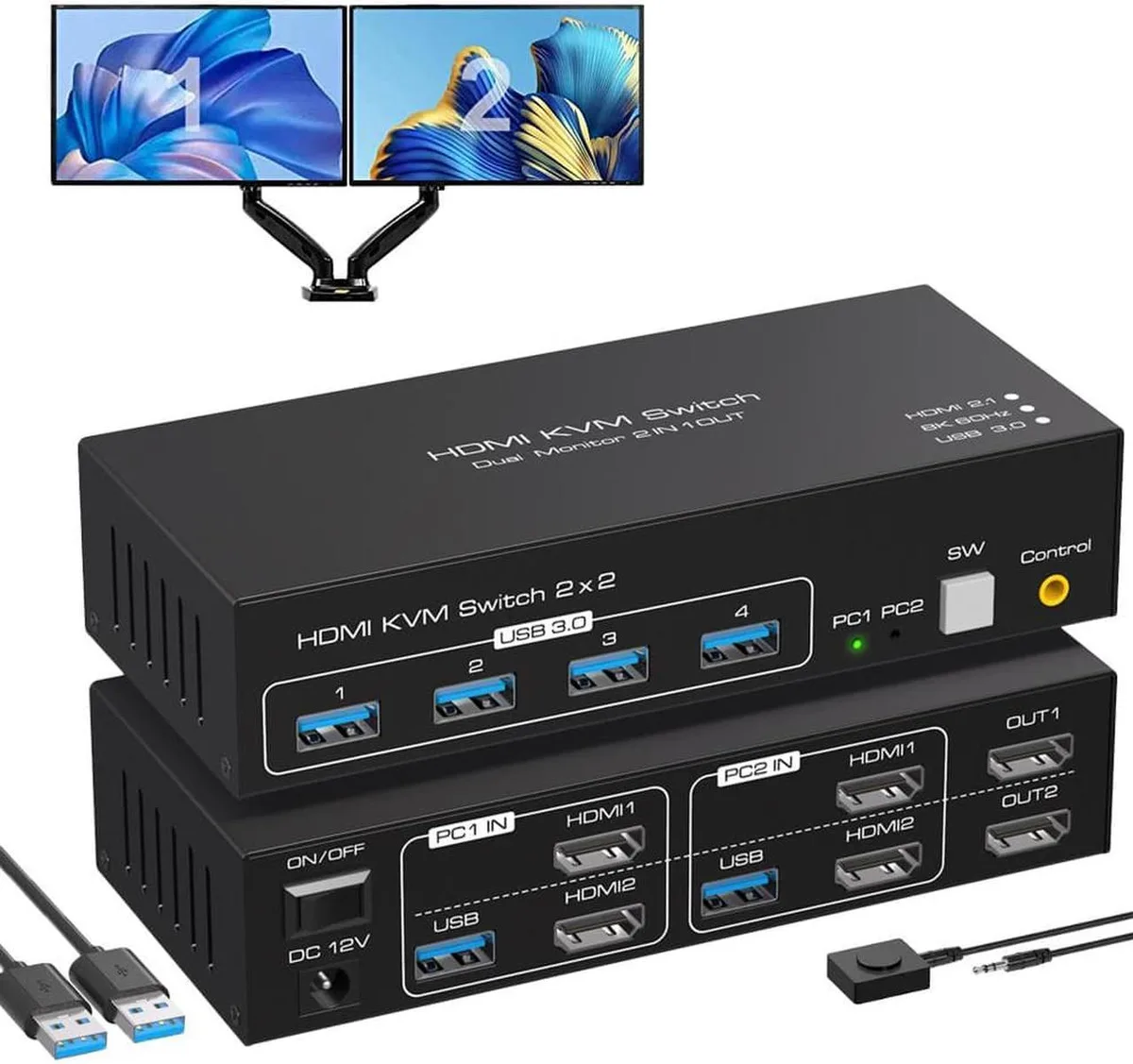 Vszerda Vszerda 2 Port Dual Monitor HDMI KVM Switch 8K 60Hz 4K 120Hz USB 3.0 2 In 2 Out Share 4 USB 3.0 Ports — product photo