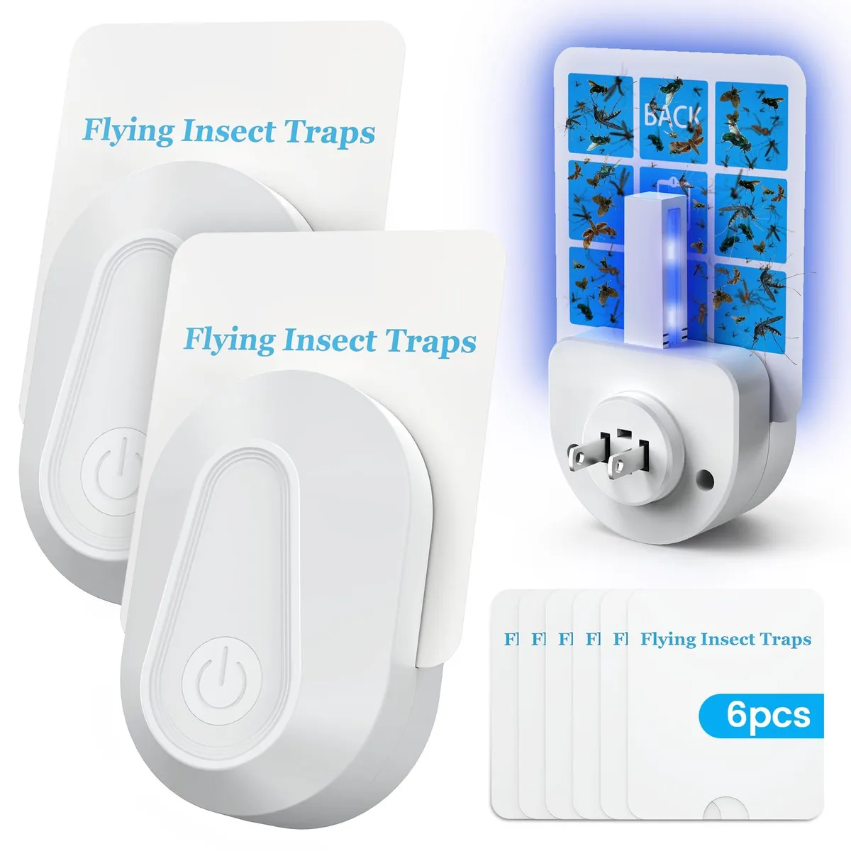 Two white plug-in fly traps with LED lights and sticky refills
