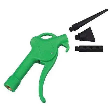 Green plastic pistol-grip air gun kit with three straight plastic nozzles