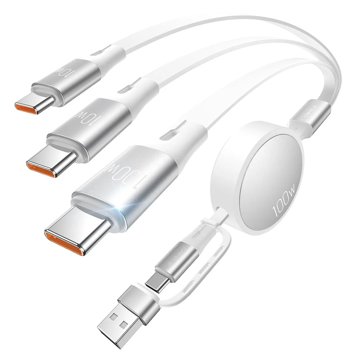 Mobee Mobee Retractable Charging Cable 100W 3-in-1 USB-C 30-130cm PD3.1 QC5.0 White — product photo