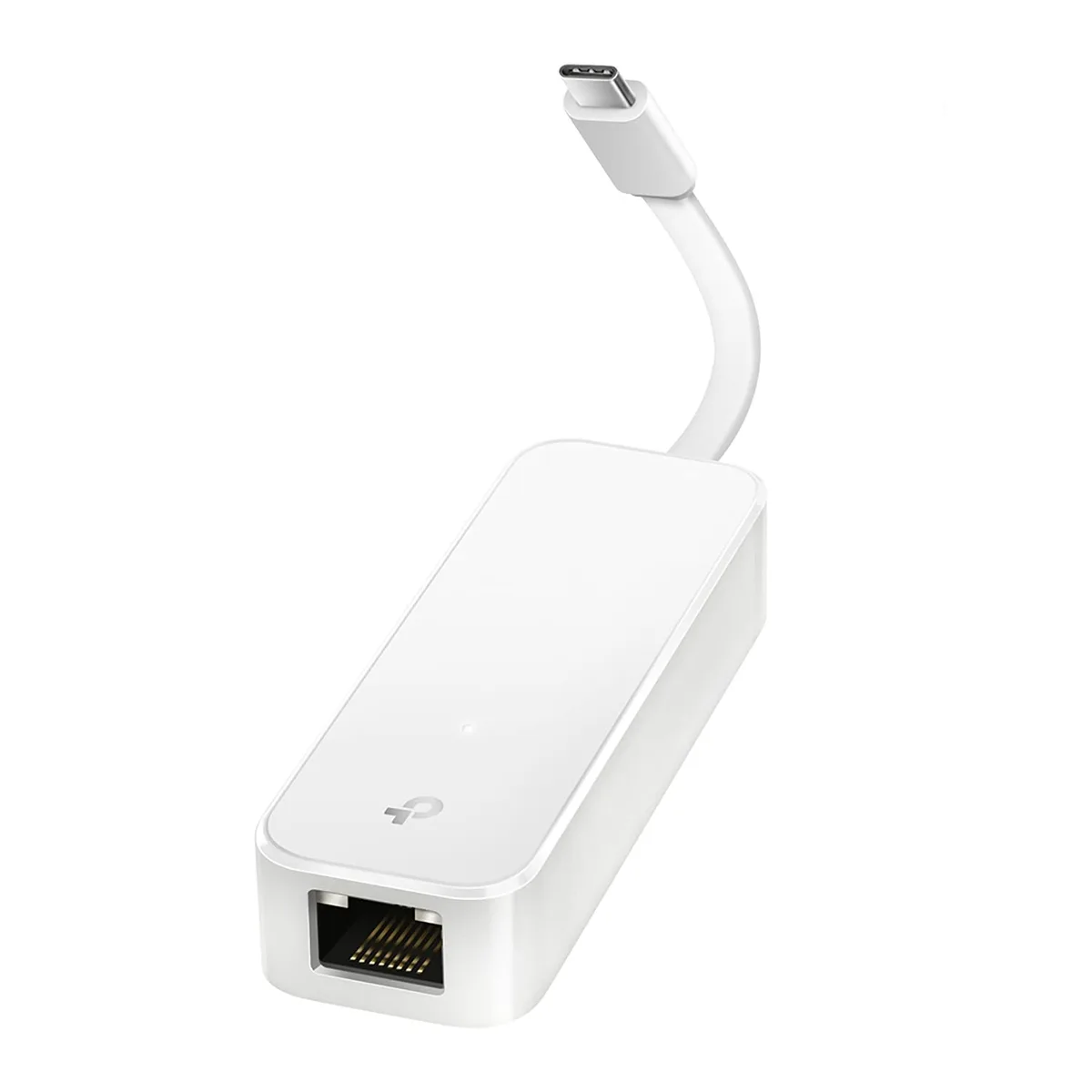White USB-C Gigabit Ethernet adapter, compact rectangular shape with RJ45 port