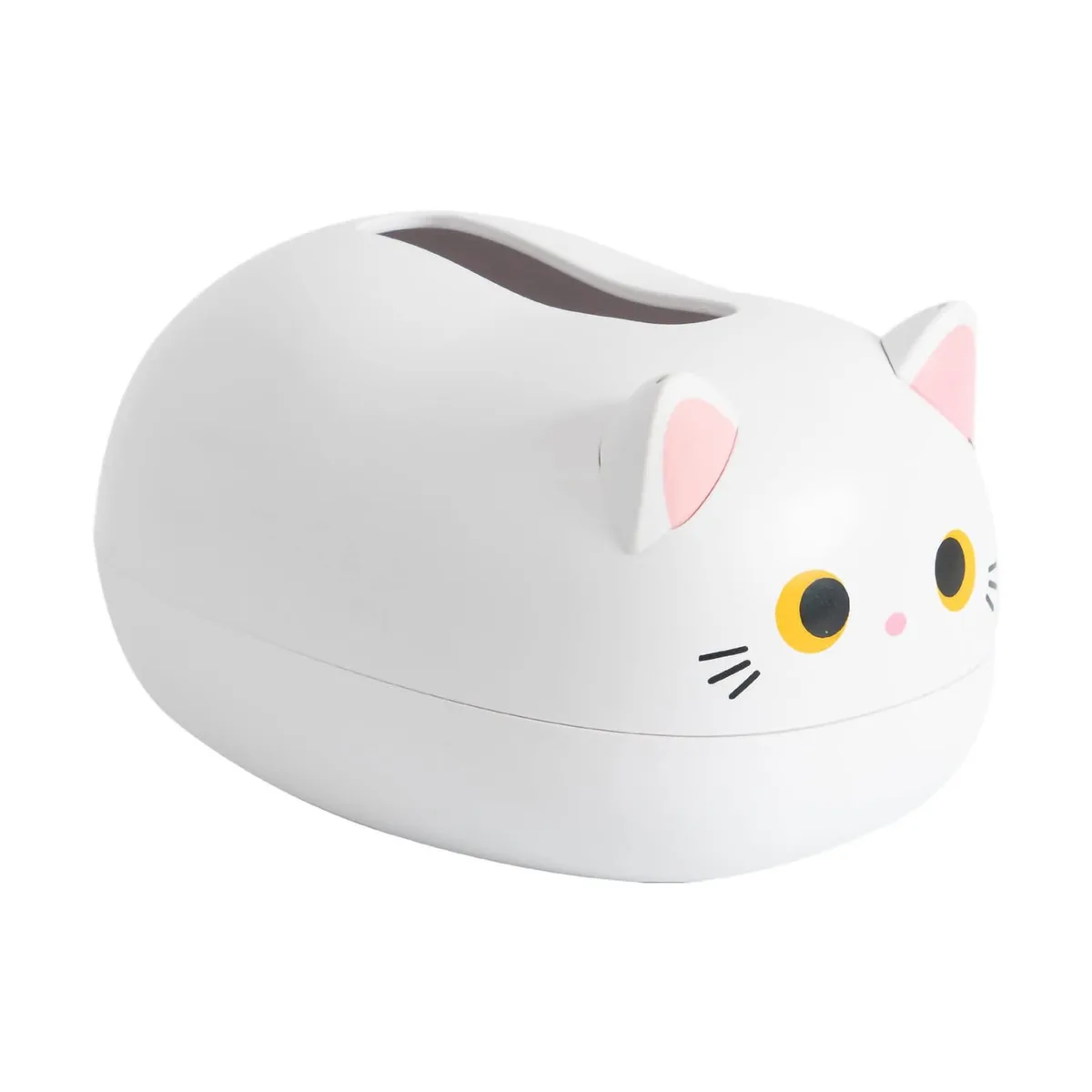 White cat-shaped tissue holder with detachable ear toothpick dispenser and non-slip base
