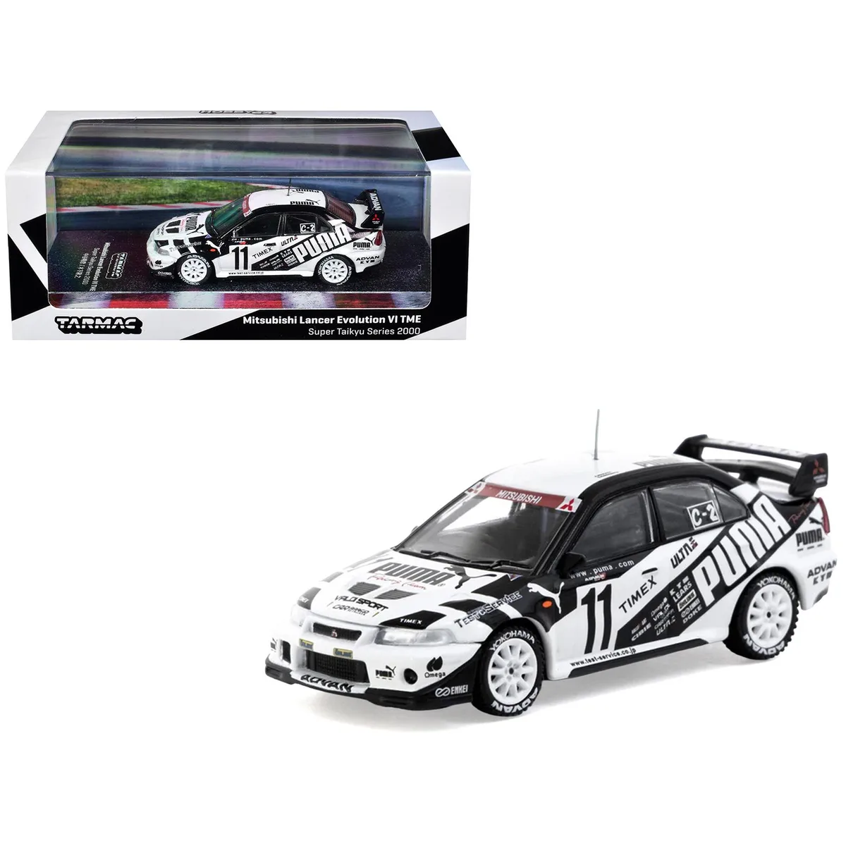 Tarmac Works Tarmac Works Mitsubishi Lancer Evolution VI TME RHD #11 Puma Super Taikyu 2000 1/64 Diecast — product photo