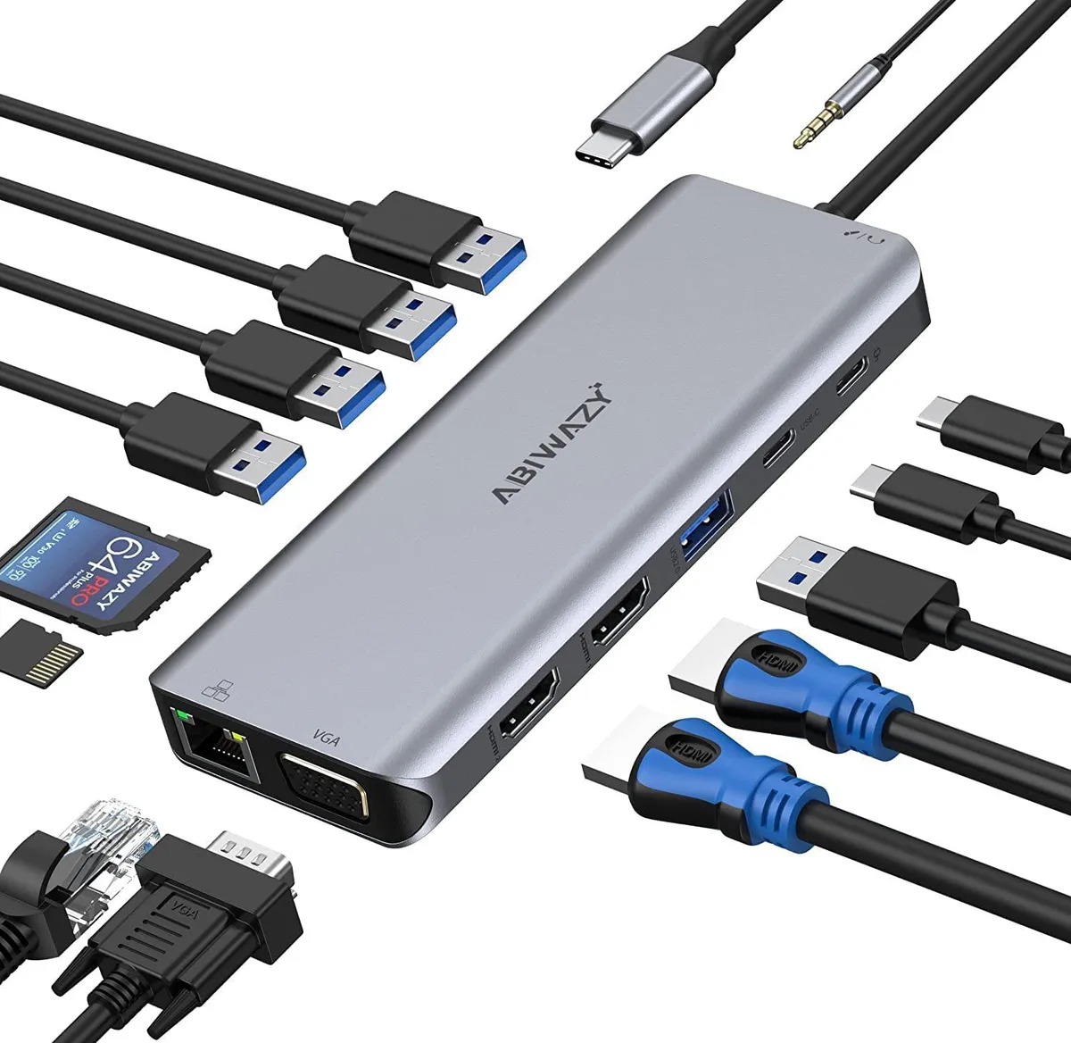 Compact silver docking station with multiple ports including HDMI, VGA, Ethernet, USB and card slots