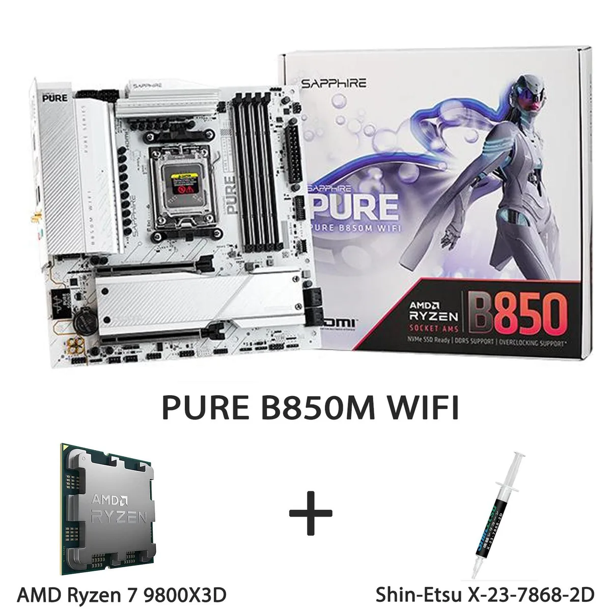Sapphire Tech Sapphire Tech PURE B850M WIFI AM5 mATX Motherboard + Ryzen 7 9800X3D Combo — product photo