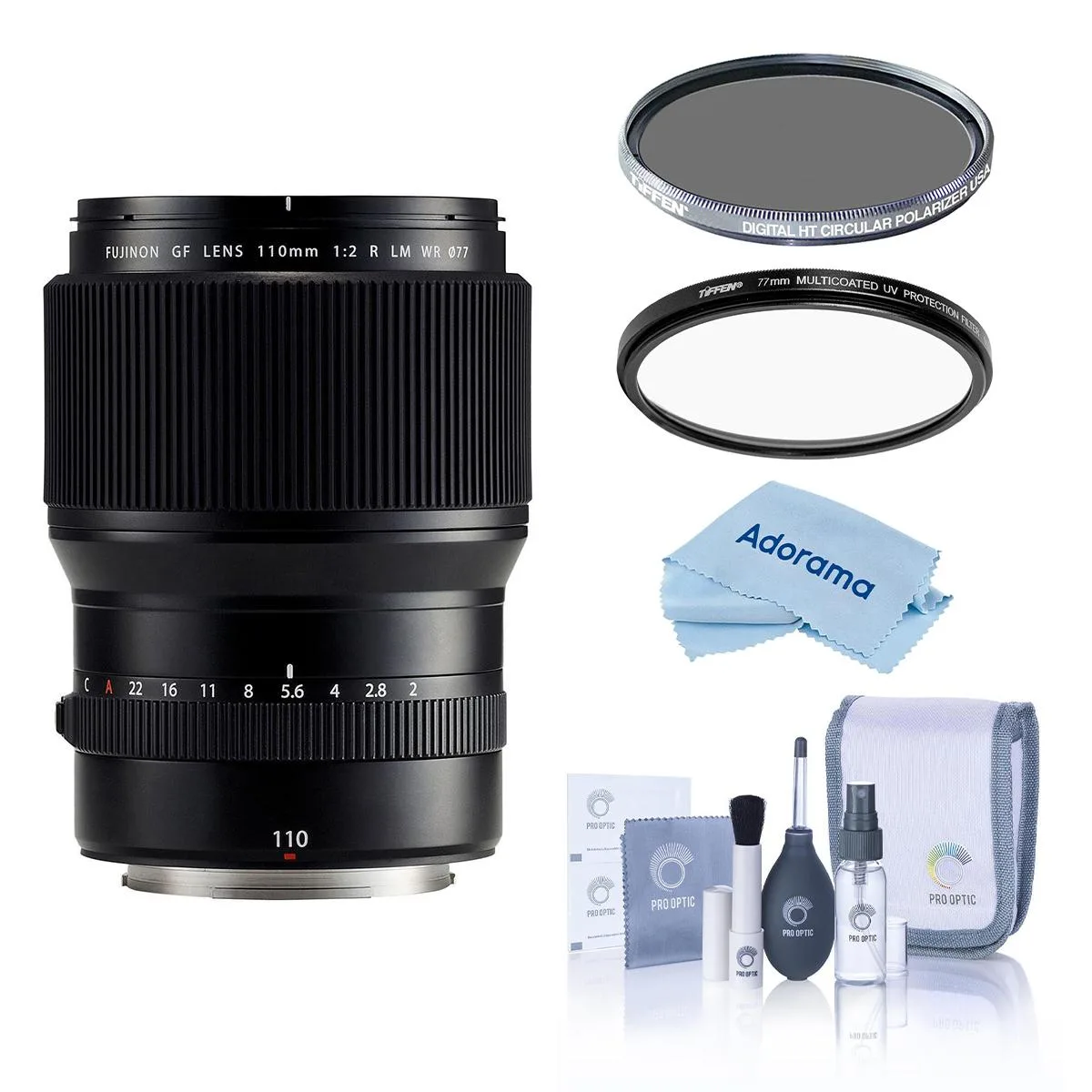 FUJIFILM FUJIFILM FUJINON GF 110mm F/2 R WR LM Lens Bundle with Hoya 77mm UV and CPL Filters, Cleaning Kit — product photo