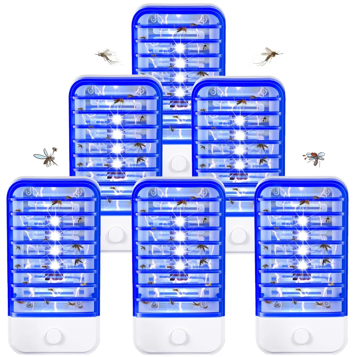 Six white vertical plug-in insect traps with blue UV glow