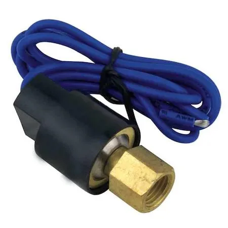 Small brass HVAC pressure switch with flare fitting and electrical terminals