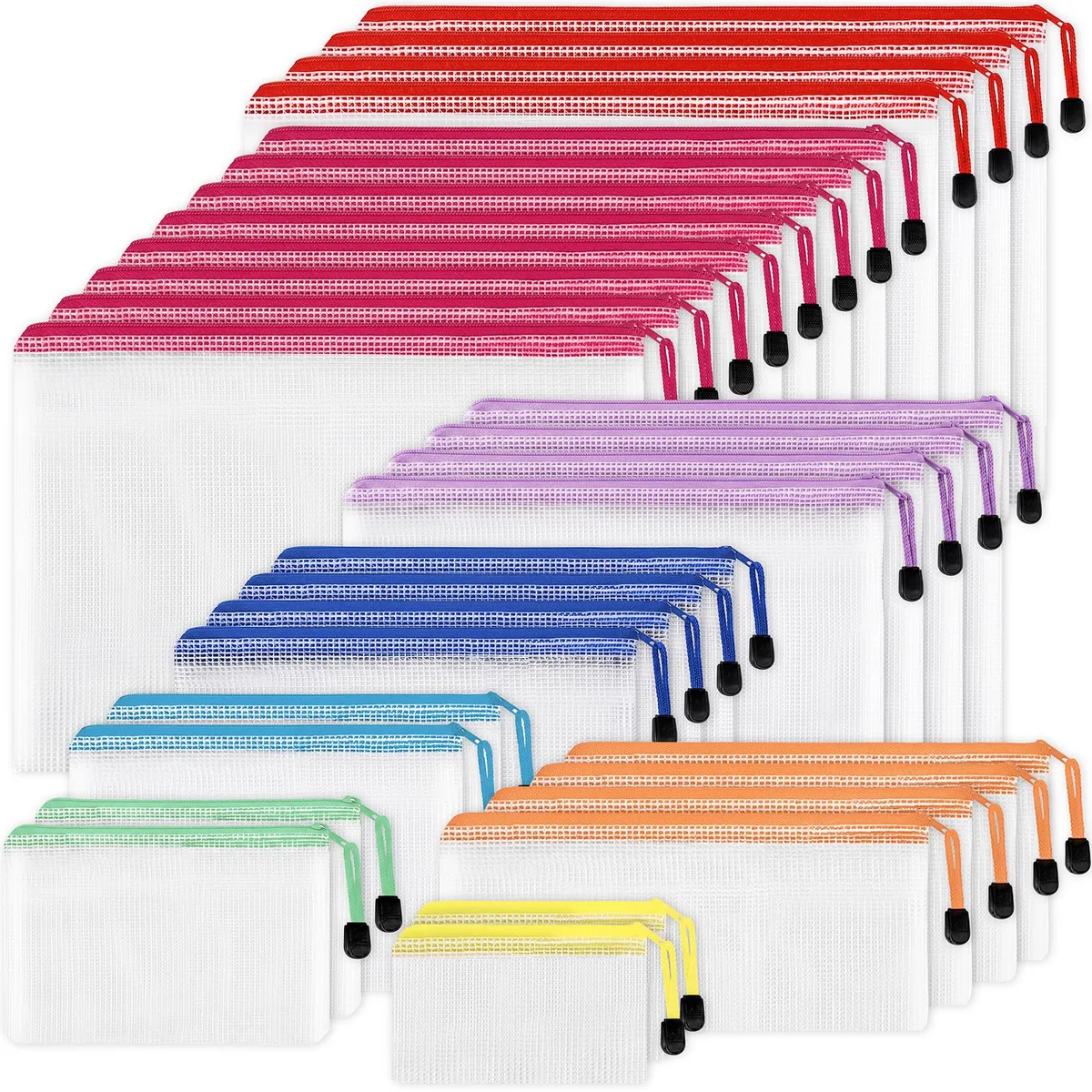 Thirty clear mesh zipper pouches in eight colours and sizes laid flat