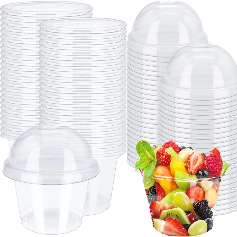 Fifty clear round plastic bowls with matching dome lids, each lid has a small round hole