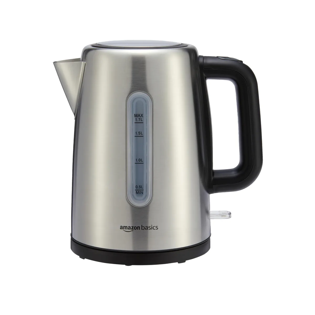 Black and silver cordless electric kettle on a base, 1.7 litre capacity