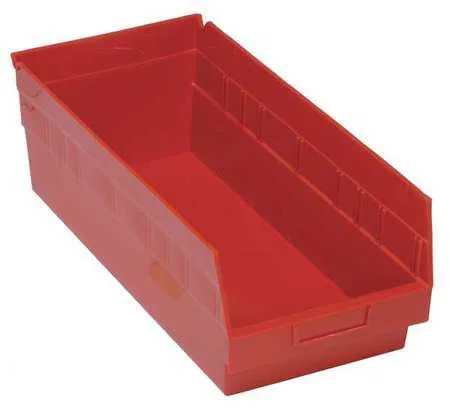 Red polypropylene shelf bin with label holder