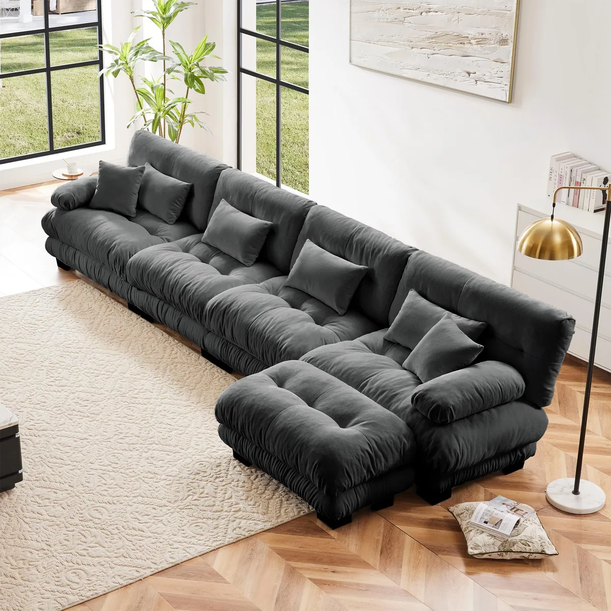 Gray chenille L-shaped modular sectional with convertible ottoman and round bolster armrests