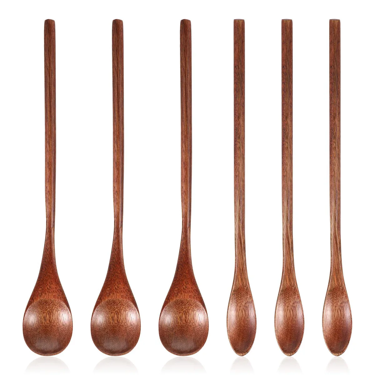 Six brown wooden spoons with long handles lying side by side