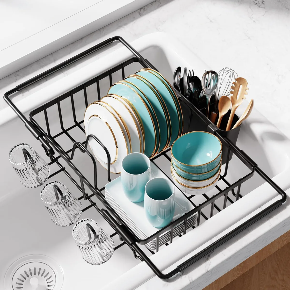 Sakugi Expandable Stainless Steel Dish Drying Rack Black 15.4 x 9.8 x 3.0 Inch — product photo
