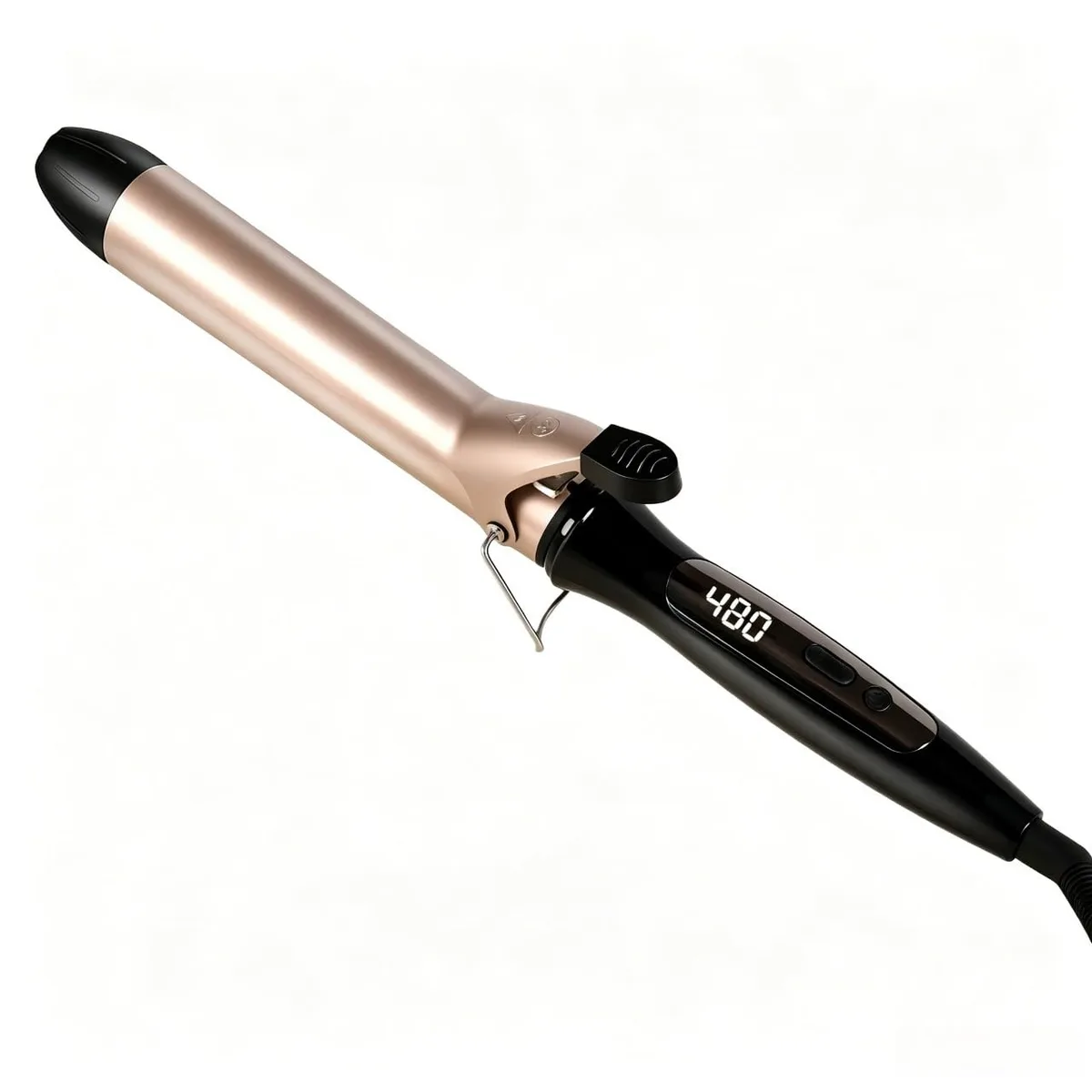 Gold 1.25 inch ceramic curling iron with long barrel and black accents