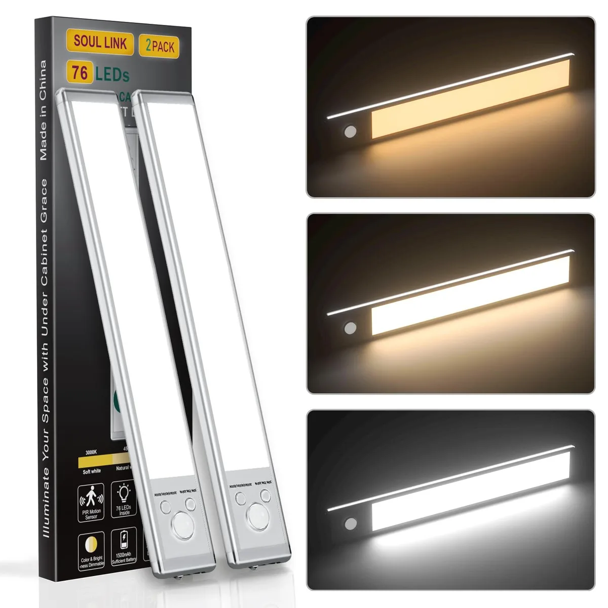 SOUL LINK UCL-9.5 Under Cabinet Light 76 LED 1500mAh 2 Pack — product photo