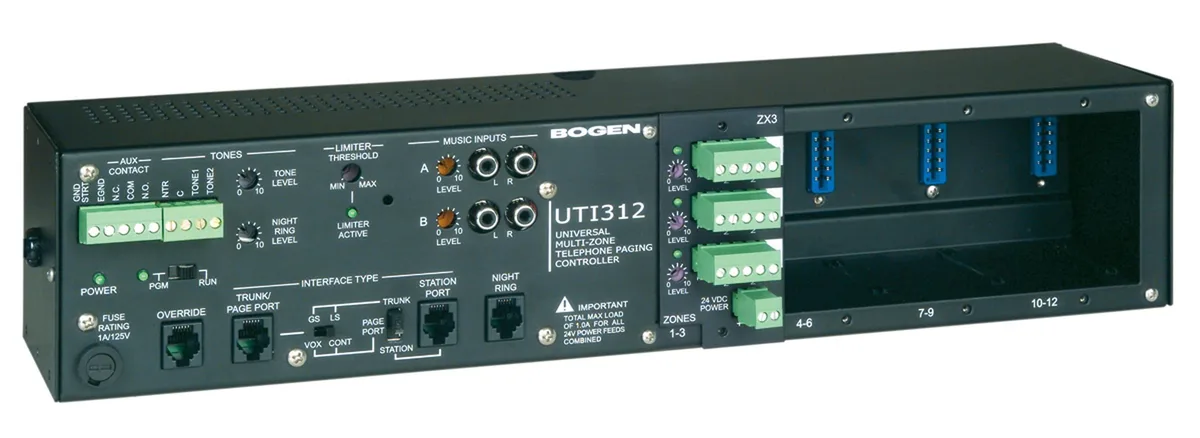 Bogen BG-UTI312 multi-zone page controller in black metal enclosure with front panel controls and indicator lights