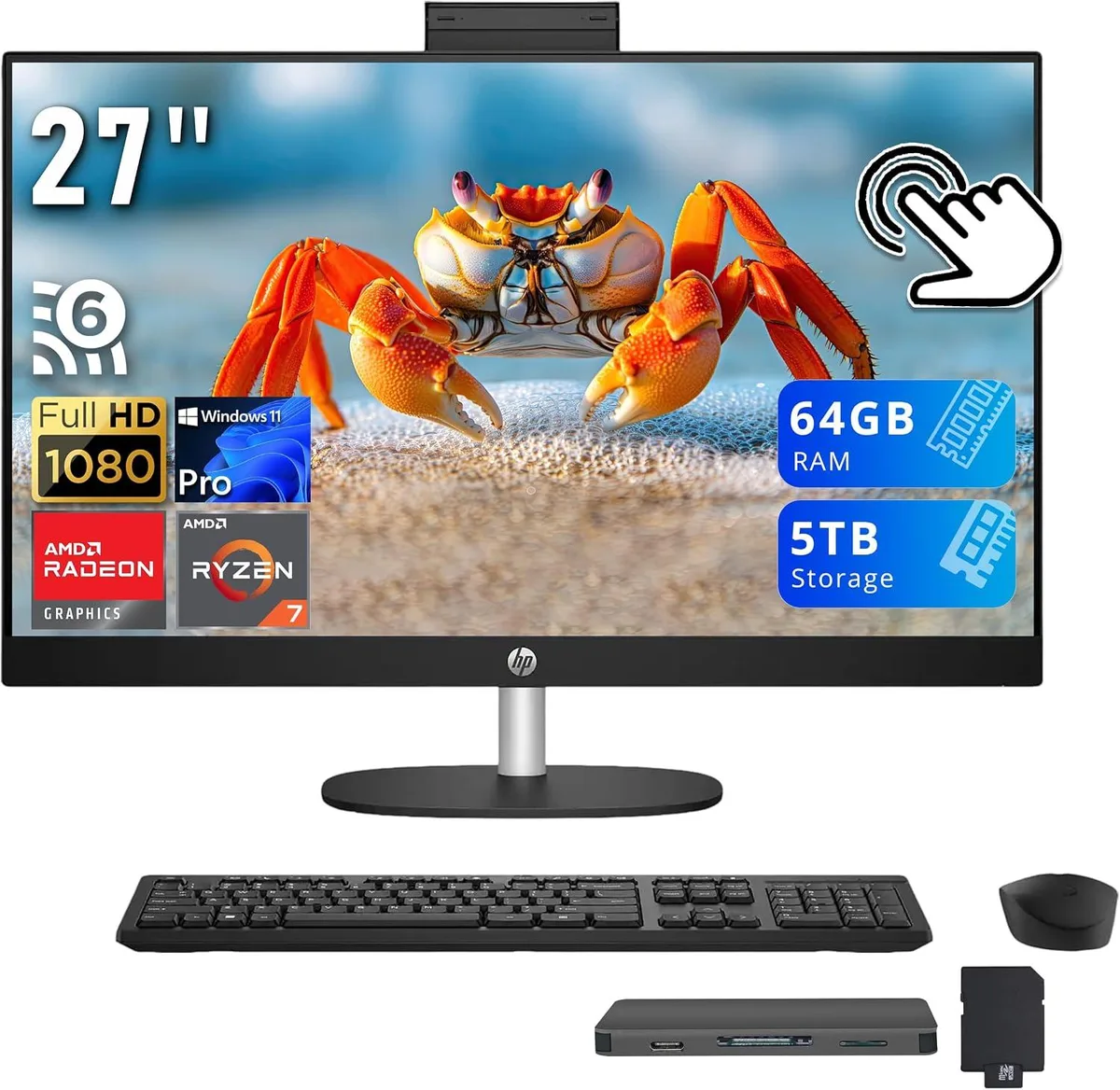 HP HP All-in-One PC 27" FHD Touch AMD Ryzen 7 7730U 64GB DDR4 4TB SSD + 1TB Dock Windows 11 Pro Black — product photo