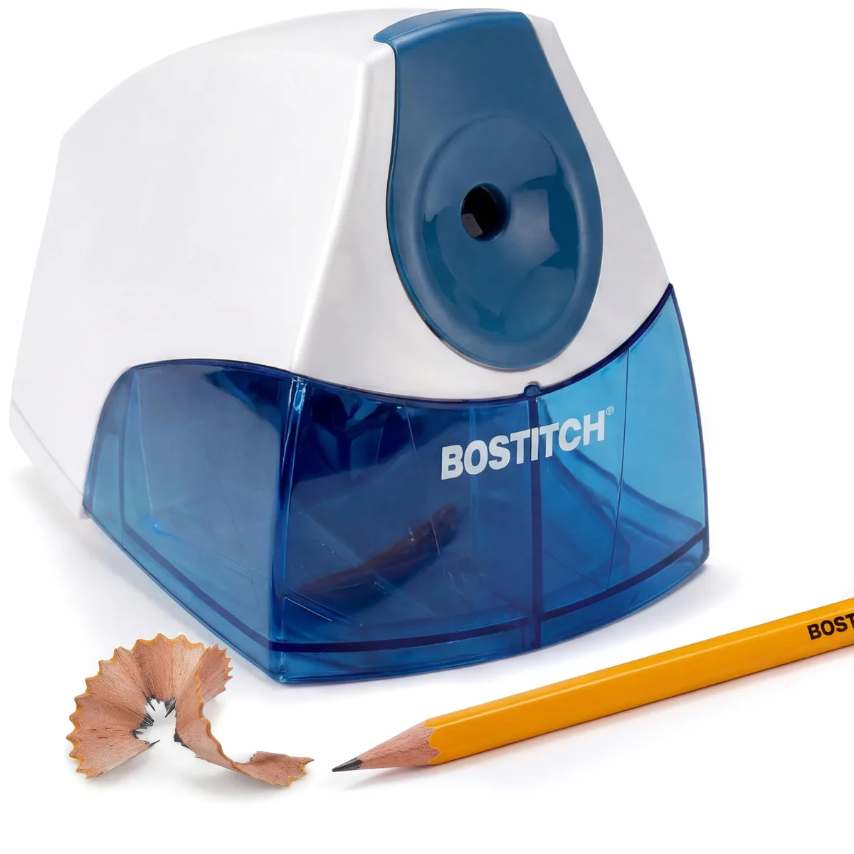 Compact blue plastic electric pencil sharpener with large shavings tray