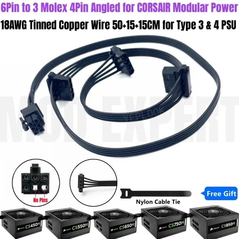 YEPLOOK YEPLOOK 6Pin to 3 Molex 4Pin IDE/PATA internal power cable — product photo