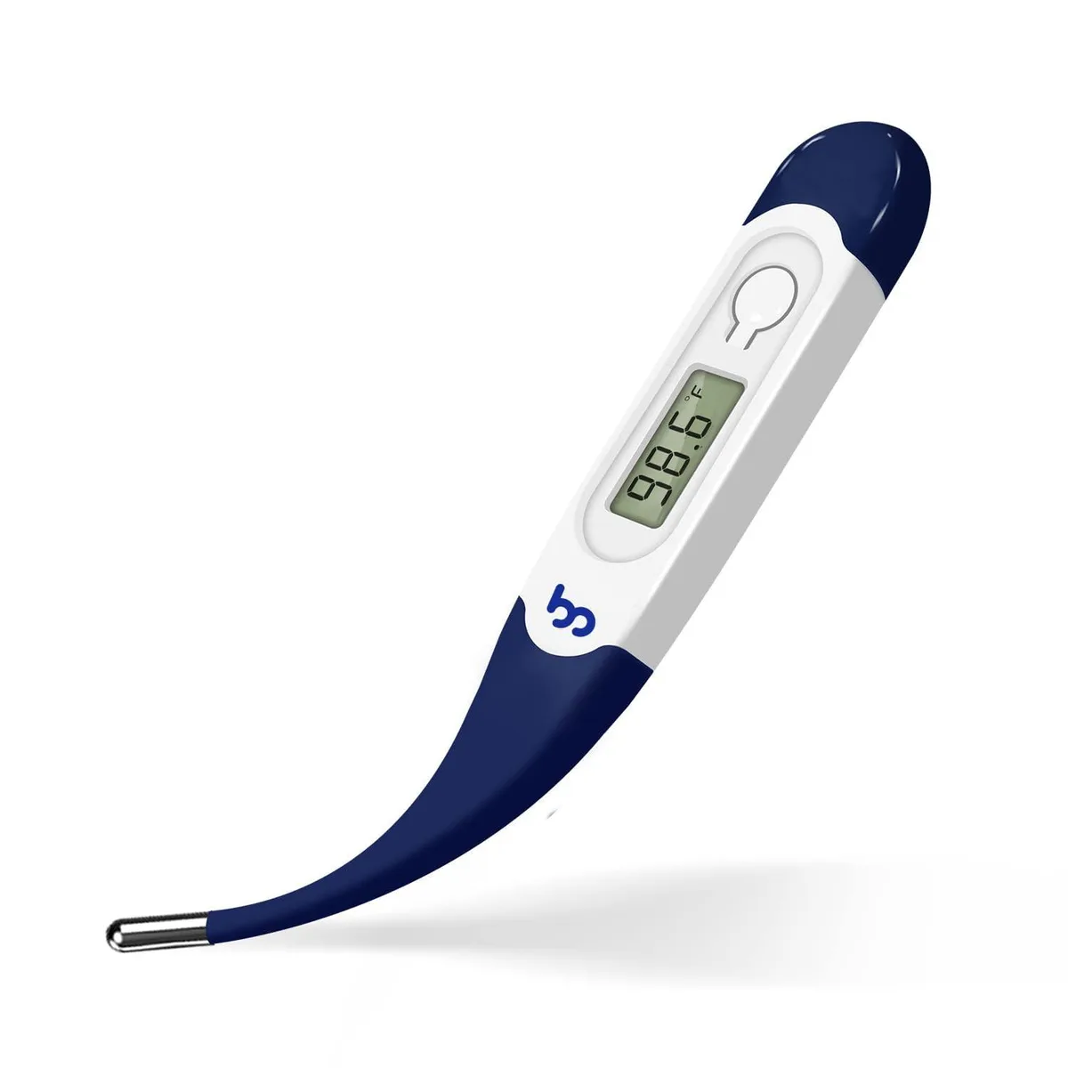 Navy blue digital thermometer with flexible tip and protective case