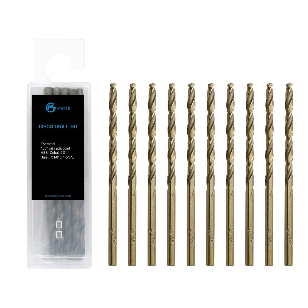 Ten cobalt drill bits in a plastic storage case
