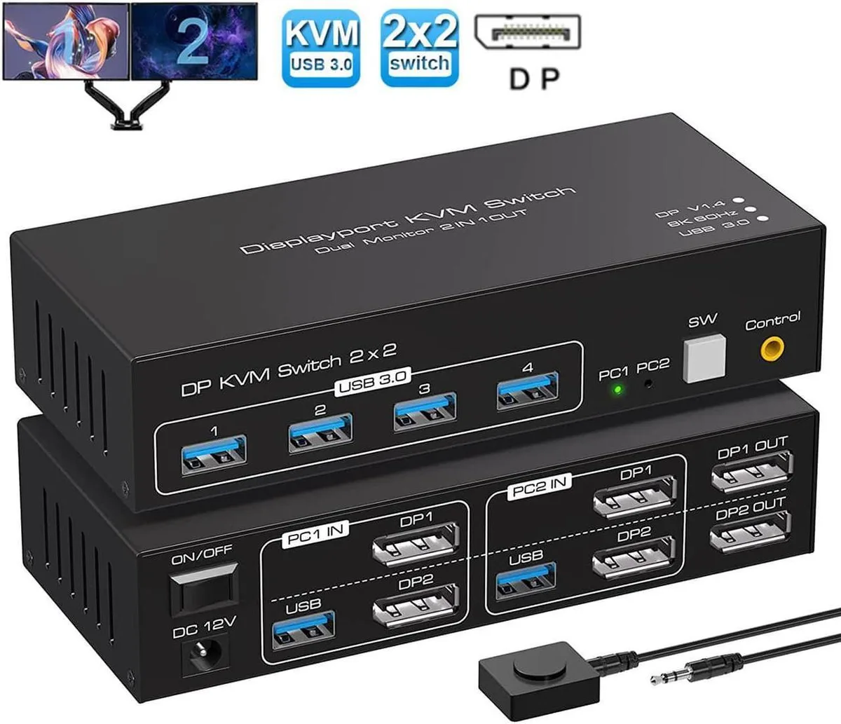 Aomoproing Aomoproing Dual Monitor DP KVM Switch 2 PCs 4K 120Hz 8K 60Hz 4 USB 3.0 Wired Remote — product photo