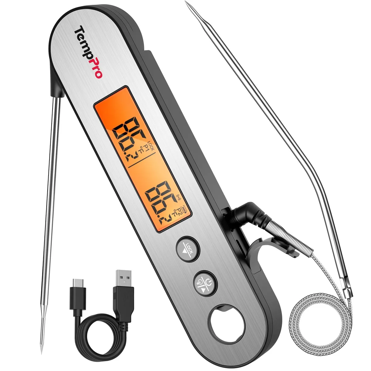 Silver stainless steel thermometer with foldable probe, wired leave-in probe and 180° rotating backlit display