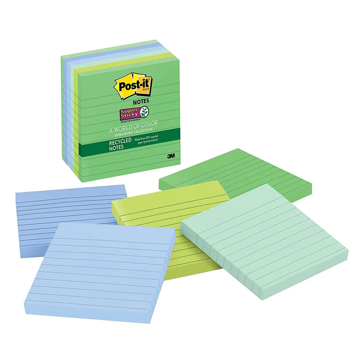Post-it Post-it Recycled Super Sticky Lined Notes Wanderlust Collection 4x4 in 90 sheets 6 pack 675R-6SSNRP — product photo
