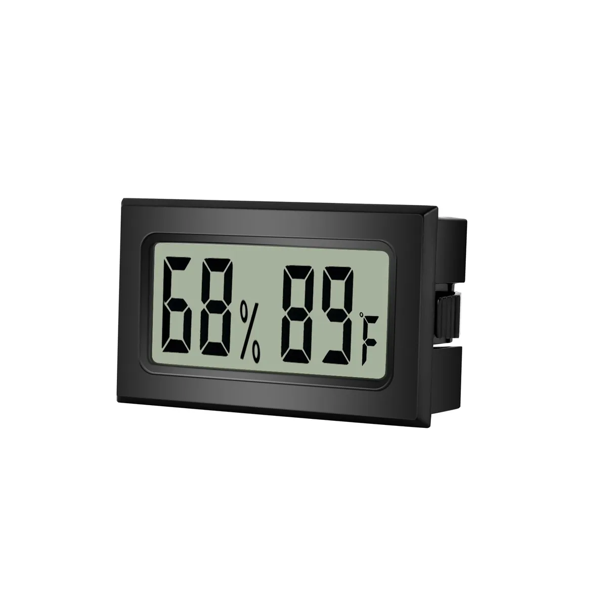 Small black rectangular digital thermometer hygrometer with LCD screen showing temperature and humidity readings