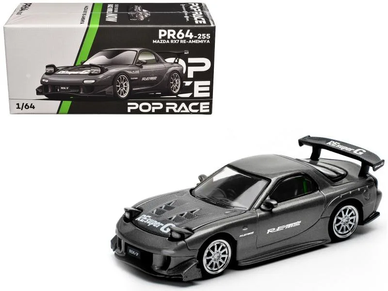 Pop Race Pop Race Mazda RX7 FD RE Amemiya Widebody RHD Gunmetal Gray Carbon Hood 1/64 hobby collectible — product photo