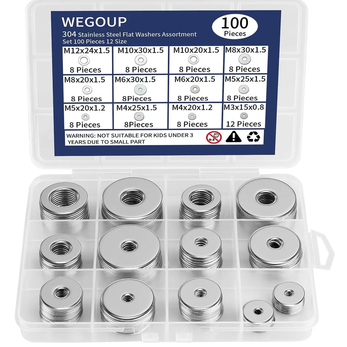 Transparent box of 100 assorted 304 stainless steel flat washers M3-M12