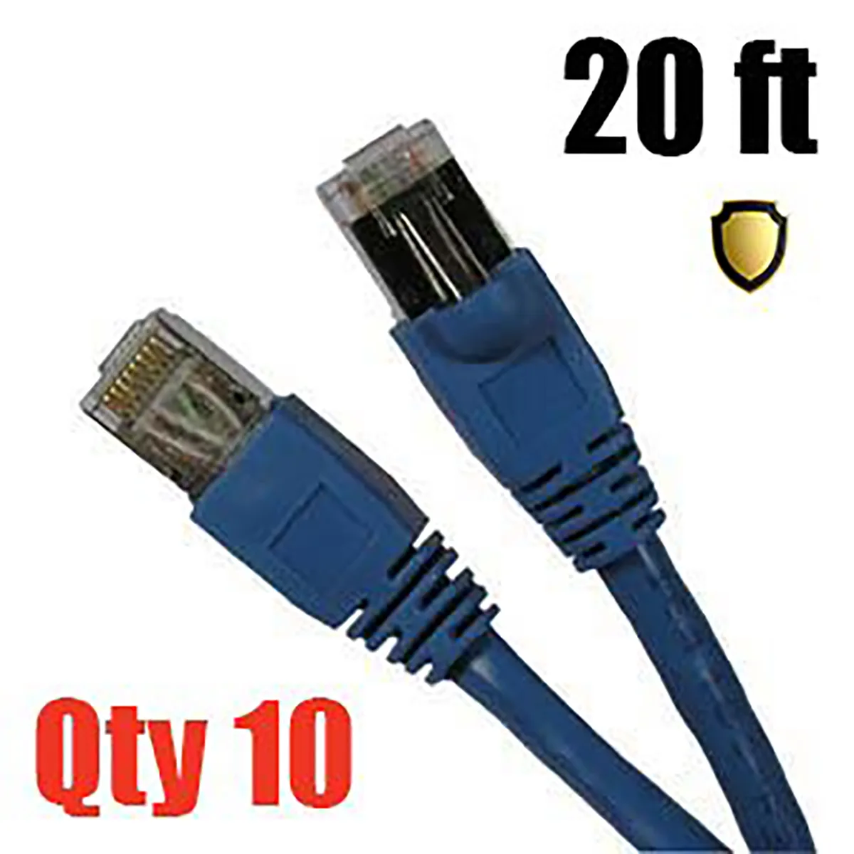 Ten blue Cat6 shielded patch cables one foot long with molded boots