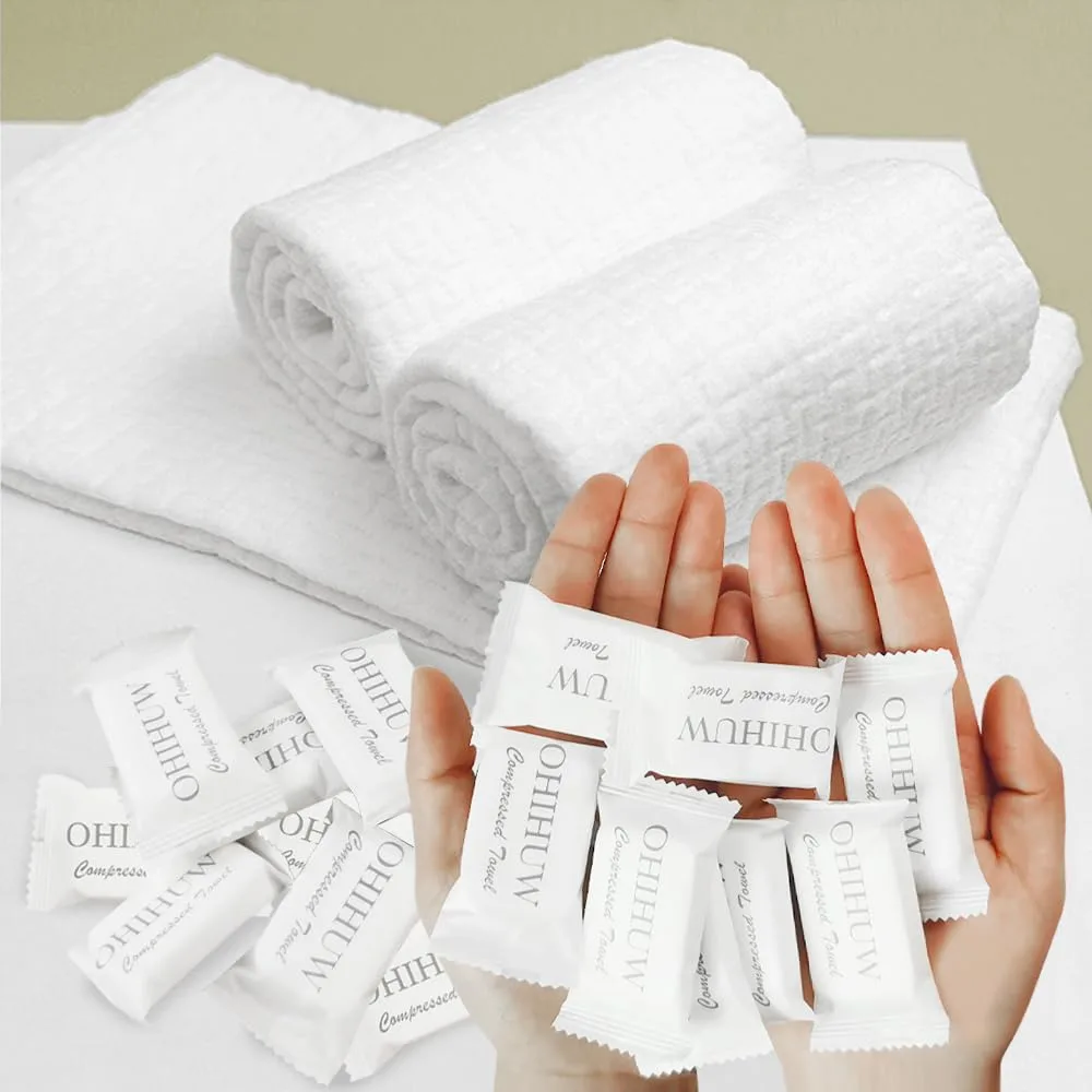 30 compressed towel tablets in white cotton, individually wrapped