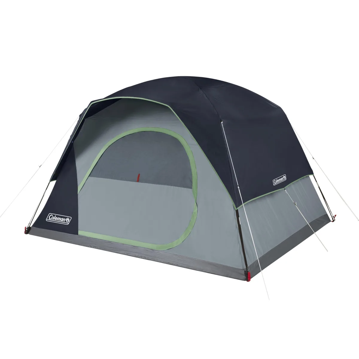 Green dome tent with vertical walls and wide door, rainfly attached, carry bag beside it