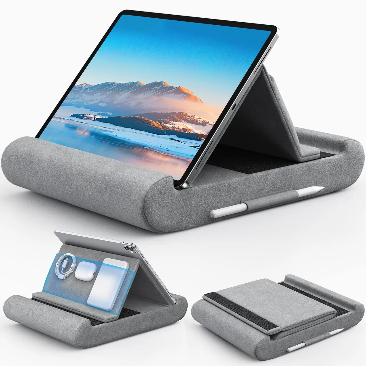 Grey foldable tablet pillow stand with storage pocket and stylus holder