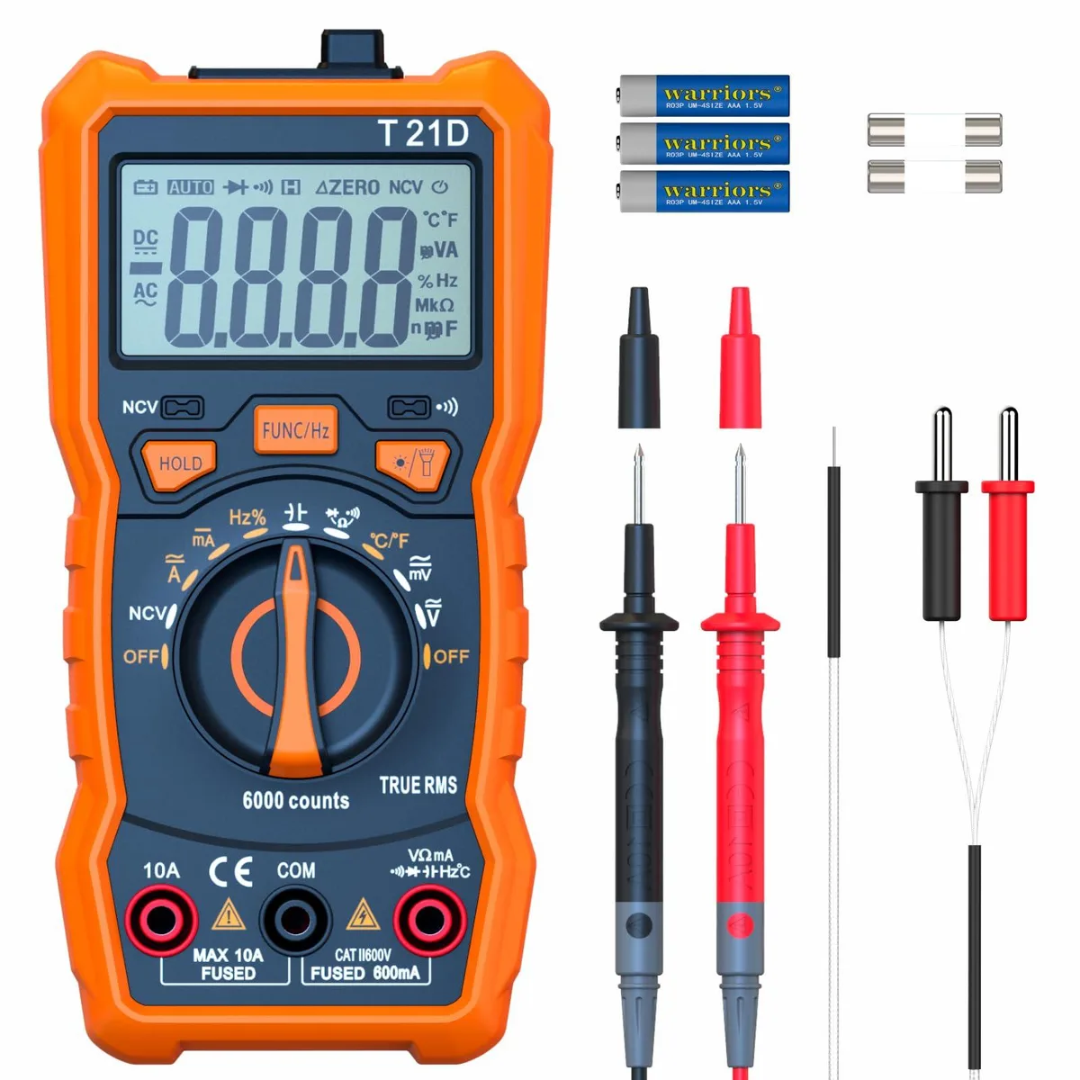 aFe Power T21D digital multimeter in orange case with LCD display and test leads