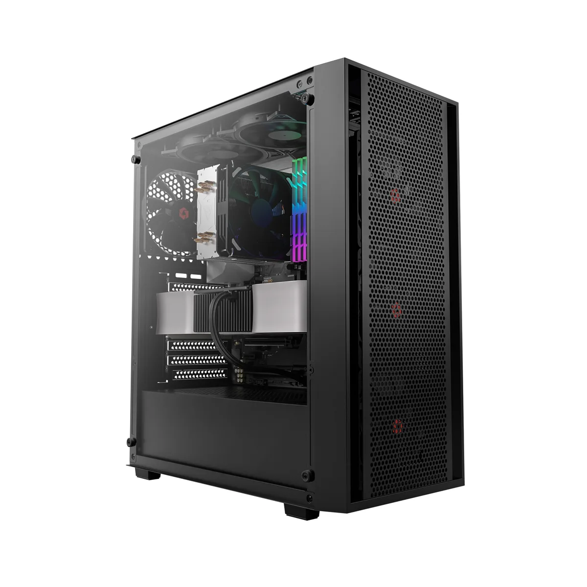 Black ATX mid-tower case with mesh front panel, tempered glass side panel, and four pre-installed 120mm PWM fans