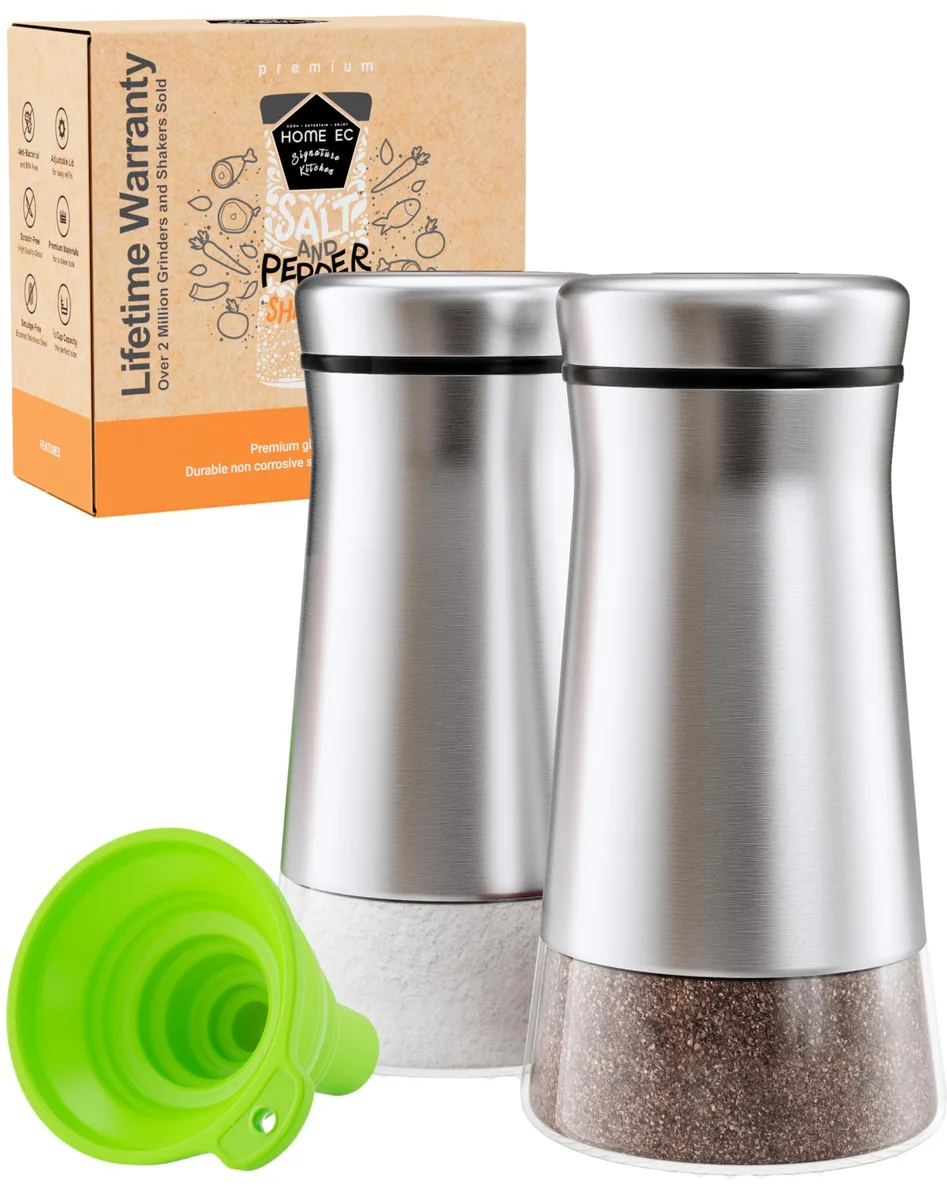 Pair of clear glass conical shakers with brushed stainless steel tops, 7.3 x 14.7 x 15.3 cm