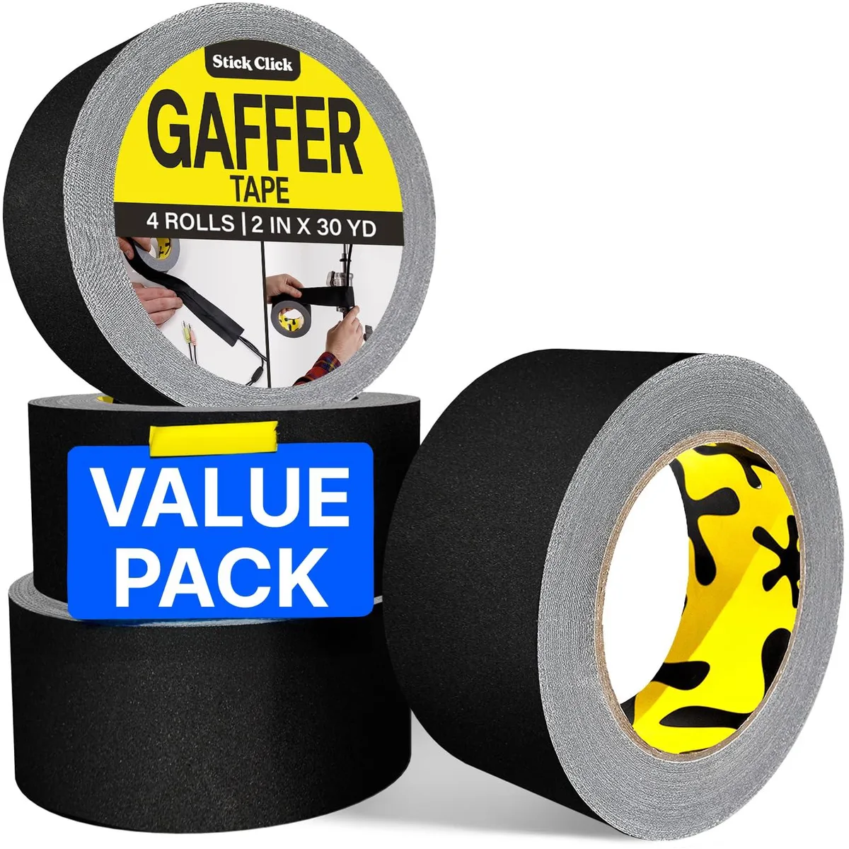 Four matte black cloth tape rolls on a plain surface