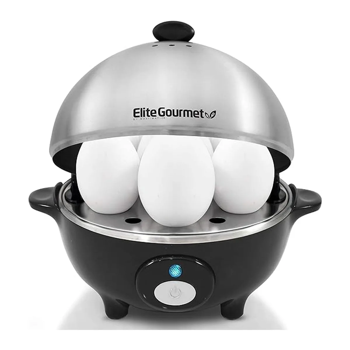 White compact egg cooker with stainless steel lid and handle